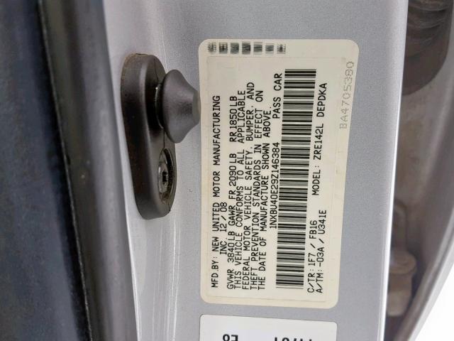 1NXBU40E29Z146384 - 2009 TOYOTA COROLLA BA SILVER photo 10