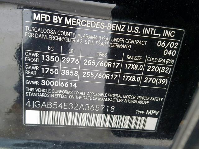 4JGAB54E32A365718 - 2002 MERCEDES-BENZ ML 320 BLACK photo 10