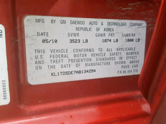 KL1TD5DE7AB134294 - 2010 CHEVROLET AVEO LS RED photo 10