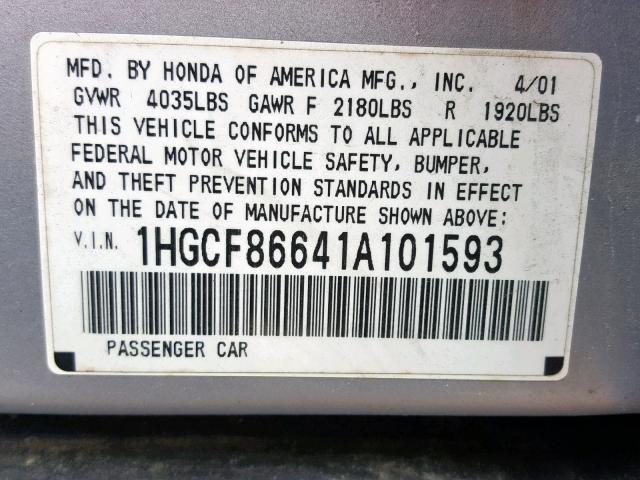 1HGCF86641A101593 - 2001 HONDA ACCORD VAL SILVER photo 10