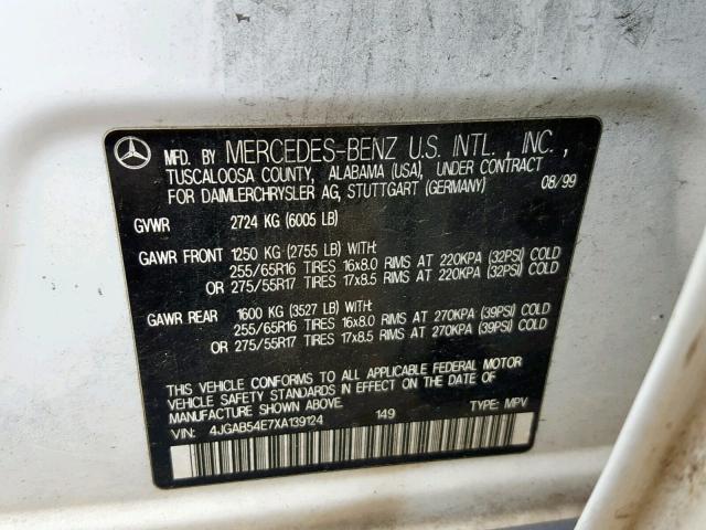 4JGAB54E7XA139124 - 1999 MERCEDES-BENZ ML 320 WHITE photo 10