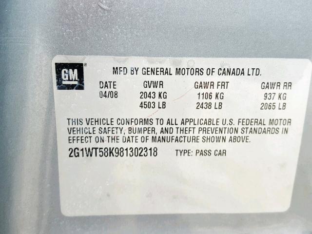 2G1WT58K981302318 - 2008 CHEVROLET IMPALA LT GRAY photo 10