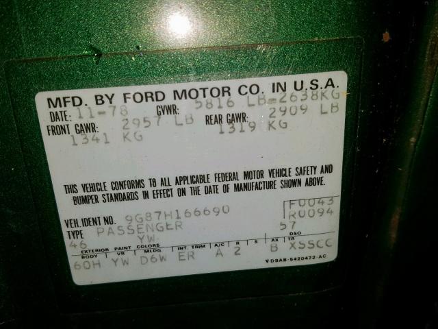 9G87H166690 - 1979 FORD T BIRD GREEN photo 10