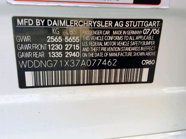 WDDNG71X37A077462 - 2007 MERCEDES-BENZ S 550 WHITE photo 10