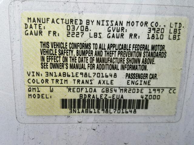 3N1AB61E98L701648 - 2008 NISSAN SENTRA 2.0 WHITE photo 10