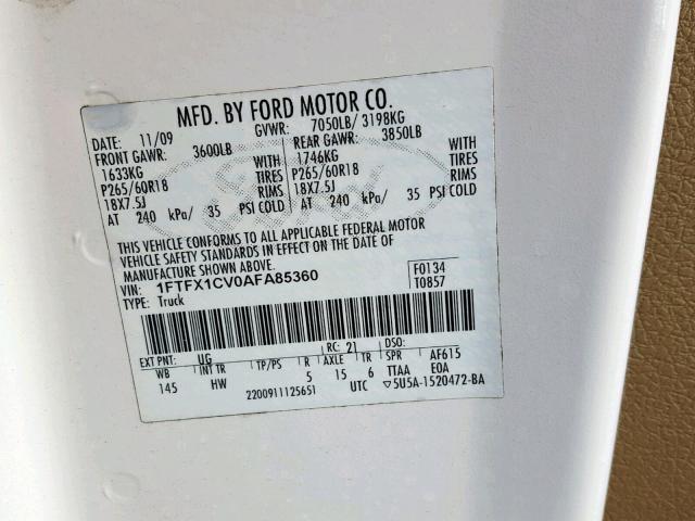 1FTFX1CV0AFA85360 - 2010 FORD F150 SUPER WHITE photo 10