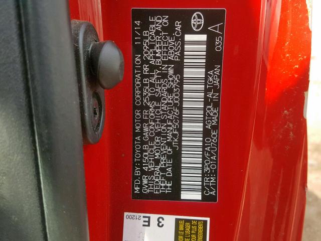 JTKJF5C76FJ003795 - 2015 TOYOTA SCION TC წითელი ფოტო 10