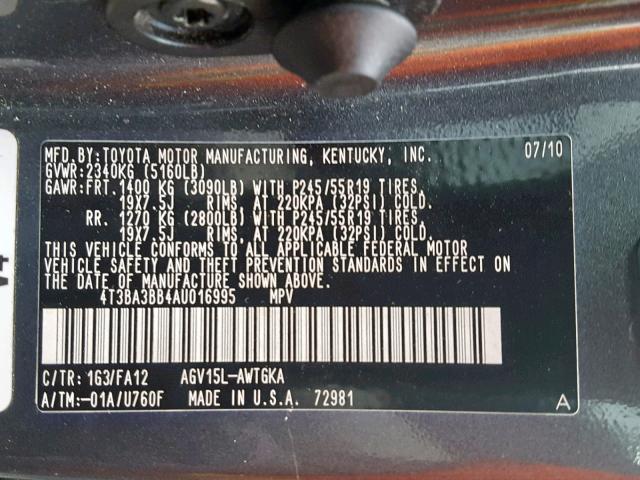 4T3BA3BB4AU016995 - 2010 TOYOTA VENZA BASE GRAY photo 10