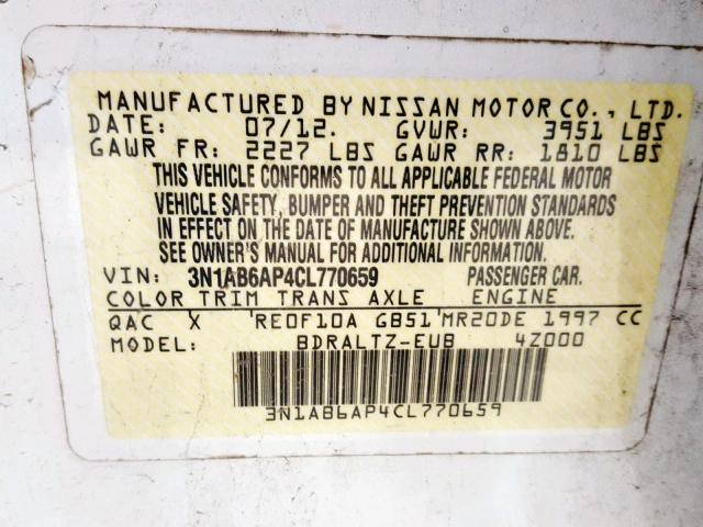 3N1AB6AP4CL770659 - 2012 NISSAN SENTRA 2.0 WHITE photo 10