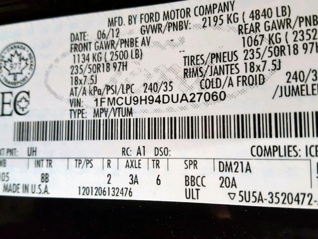 1FMCU9H94DUA27060 - 2013 FORD ESCAPE SEL BLACK photo 10