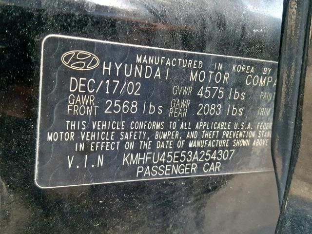 KMHFU45E53A254307 - 2003 HYUNDAI XG 350 BLACK photo 10