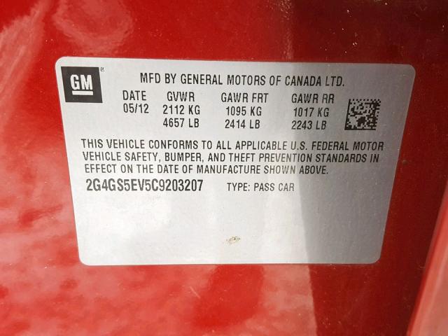 2G4GS5EV5C9203207 - 2012 BUICK REGAL PREM RED photo 10