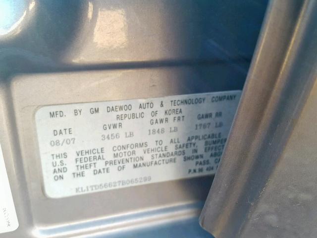 KL1TD56627B065299 - 2007 CHEVROLET AVEO BASE ვერცხლისფერი ფოტო 10