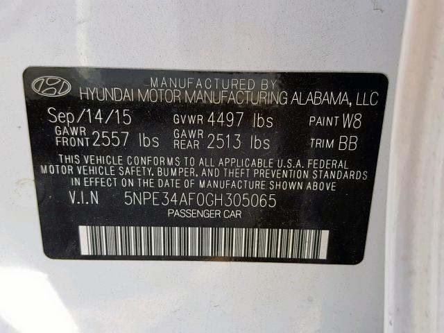 5NPE34AF0GH305065 - 2016 HYUNDAI SONATA SPO WHITE photo 10