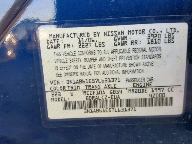 3N1AB61E57L631371 - 2007 NISSAN SENTRA 2.0 BLUE photo 10