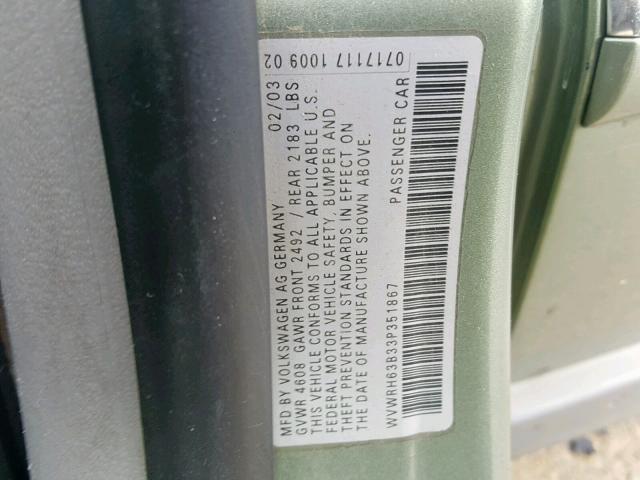 WVWRH63B33P351867 - 2003 VOLKSWAGEN PASSAT GLX 绿色 照片 10