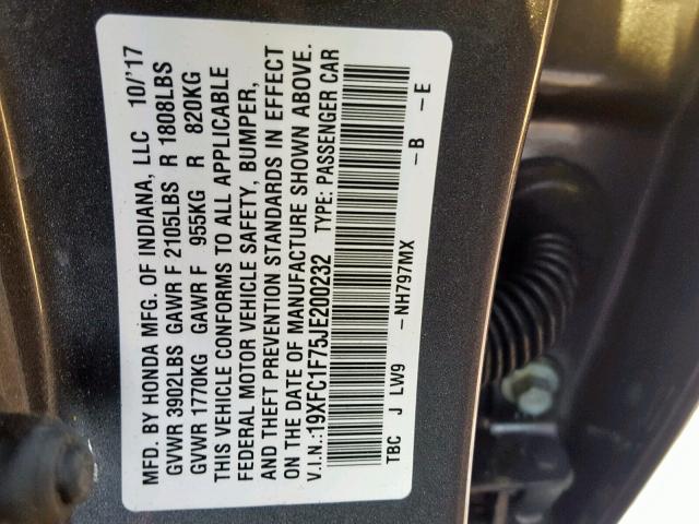 19XFC1F75JE200232 - 2018 HONDA CIVIC EXL GRAY photo 10