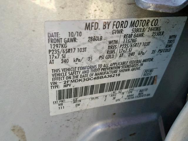 2FMDK3GC4BBA36218 - 2011 FORD EDGE SE SILVER photo 10