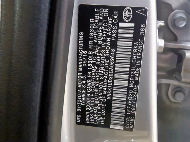 VNKKTUD30GA069648 - 2016 TOYOTA YARIS L SILVER photo 10