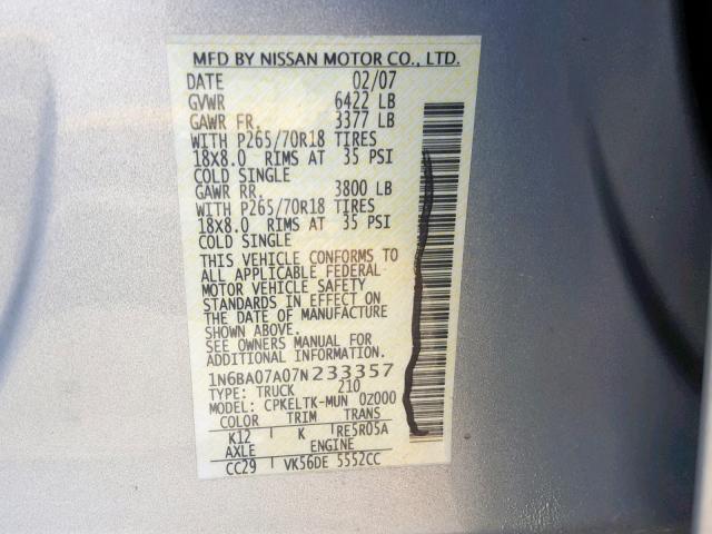 1N6BA07A07N233357 - 2007 NISSAN TITAN XE SILVER photo 10