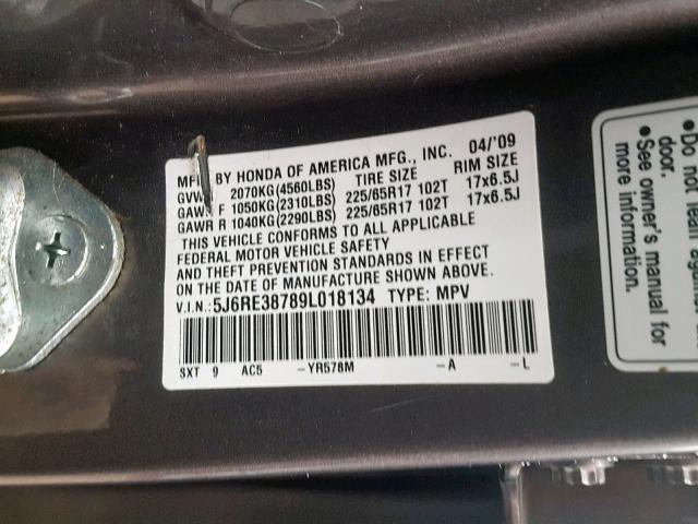 5J6RE38789L018134 - 2009 HONDA CR-V EXL GRAY photo 10