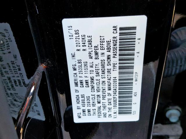 19UUB2F34GA000694 - 2016 ACURA TLX BLACK photo 10