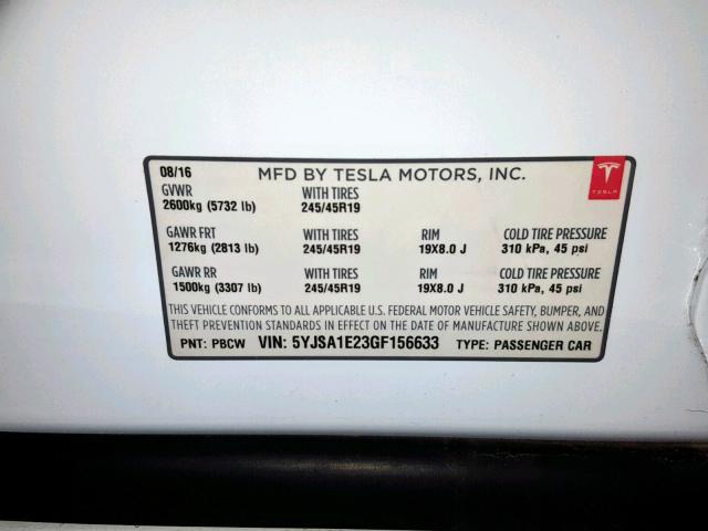 5YJSA1E23GF156633 - 2016 TESLA MODEL S WHITE photo 10