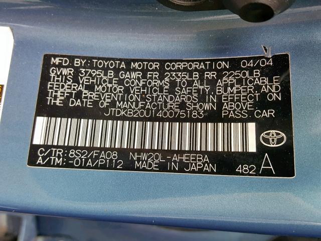 JTDKB20U140075183 - 2004 TOYOTA PRIUS BLUE photo 10