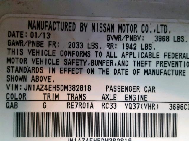 JN1AZ4EH5DM382818 - 2013 NISSAN 370Z BASE WHITE photo 10