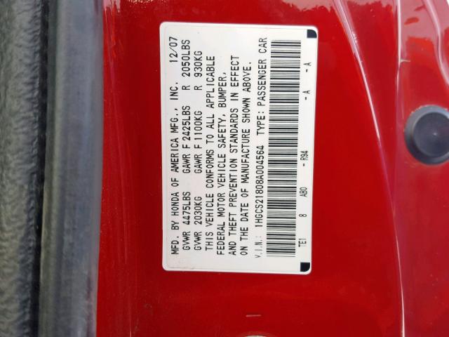 1HGCS21808A004564 - 2008 HONDA ACCORD EXL RED photo 10