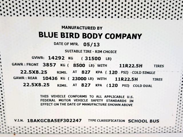 1BAKGCBA5EF302247 - 2014 BLUE BIRD SCHOOL BUS YELLOW photo 10