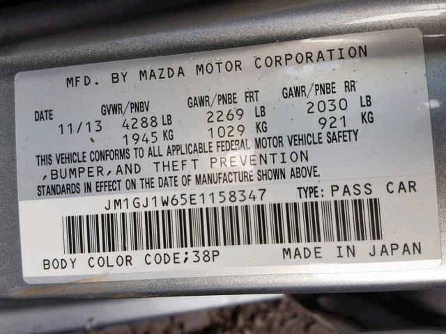 JM1GJ1W65E1158347 - 2014 MAZDA 6 GRAND TO SILVER photo 10