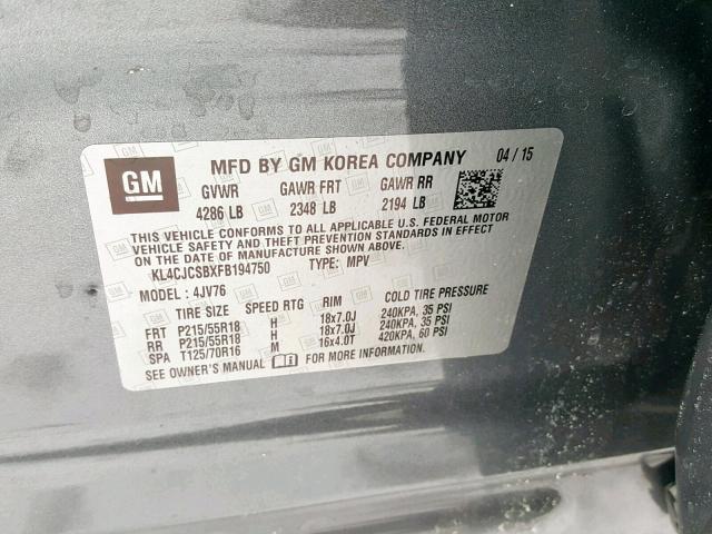 KL4CJCSBXFB194750 - 2015 BUICK ENCORE SILVER photo 10