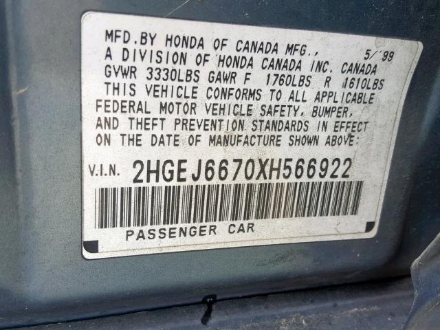 2HGEJ6670XH566922 - 1999 HONDA CIVIC LX BLUE photo 10