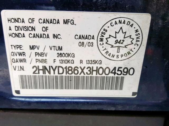 2HNYD186X3H004590 - 2003 ACURA MDX TOURIN BLUE photo 10