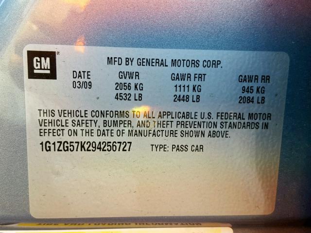 1G1ZG57K294256727 - 2009 CHEVROLET MALIBU LS BLUE photo 10