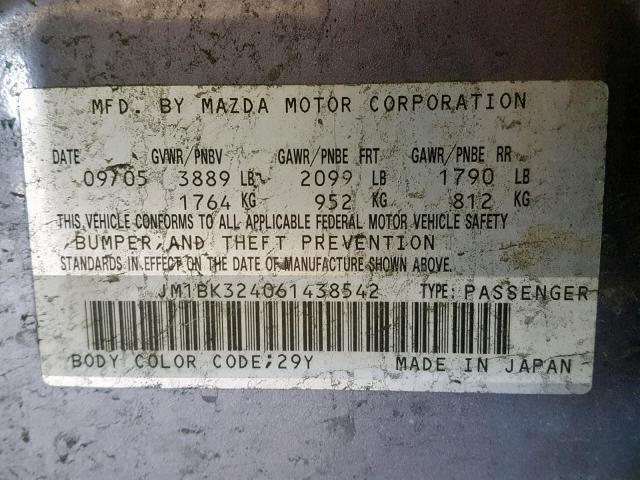 JM1BK324061438542 - 2006 MAZDA 3 S GRAY photo 10