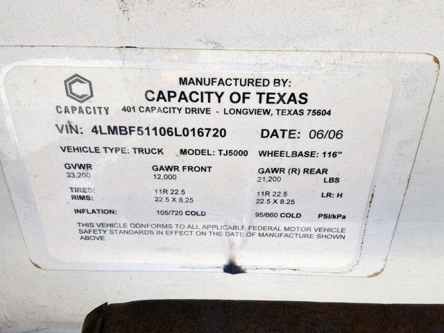 4LMBF51106L016720 - 2006 CAPACITY OF TEXAS TJ5000 WHITE photo 10