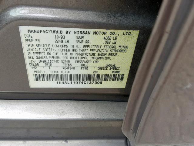 1N4AL11D74C137305 - 2004 NISSAN ALTIMA BAS BROWN photo 10