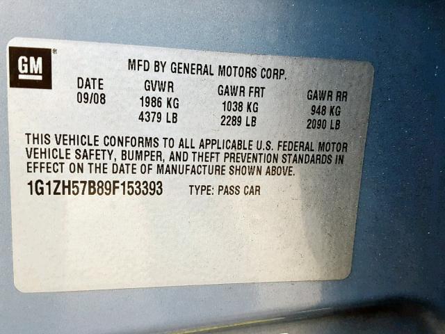 1G1ZH57B89F153393 - 2009 CHEVROLET MALIBU 1LT BLUE photo 10