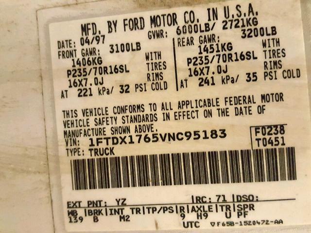 1FTDX1765VNC95183 - 1997 FORD F150 WHITE photo 10