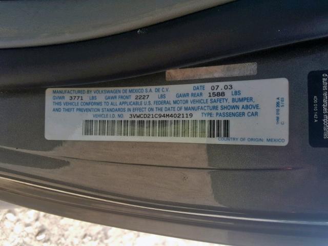 3VWCD21C94M402119 - 2004 VOLKSWAGEN NEW BEETLE Boz foto 10