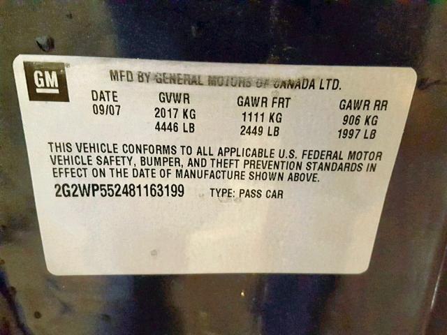 2G2WP552481163199 - 2008 PONTIAC GRAND PRIX BLUE photo 10