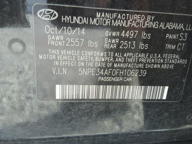 5NPE34AF0FH106239 - 2015 HYUNDAI SONATA SPO BLACK photo 10