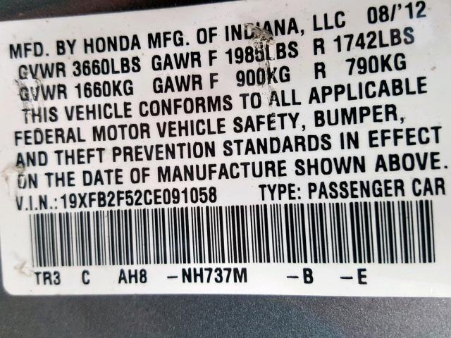 19XFB2F52CE091058 - 2012 HONDA CIVIC LX GRAY photo 10