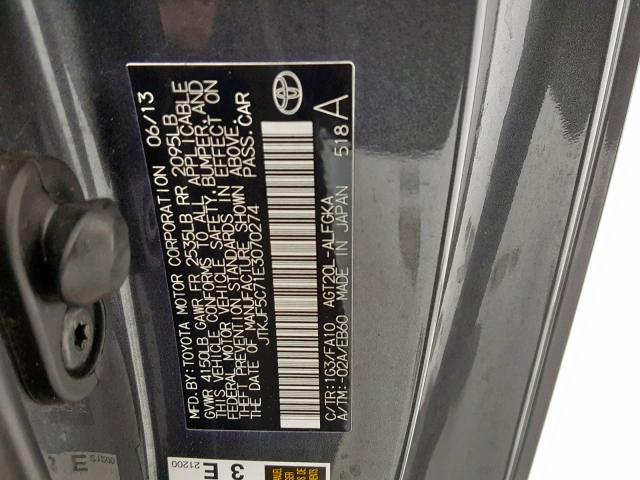 JTKJF5C71E3070274 - 2014 TOYOTA SCION TC GRAY photo 10