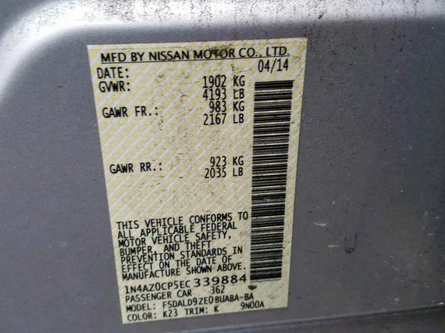 1N4AZ0CP5EC339884 - 2014 NISSAN LEAF S SILVER photo 10