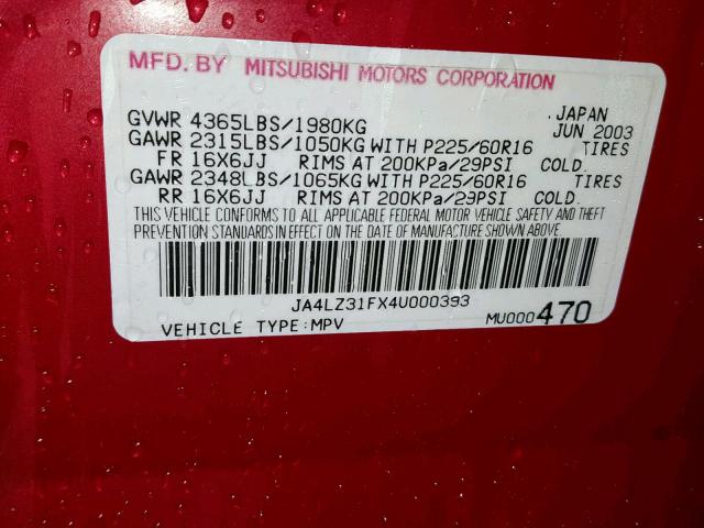 JA4LZ31FX4U000393 - 2004 MITSUBISHI OUTLANDER MAROON photo 10