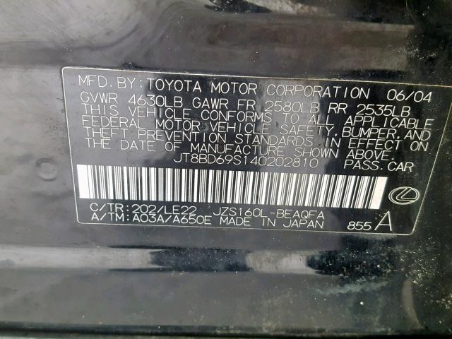 JT8BD69S140202810 - 2004 LEXUS GS 300 BLACK photo 10