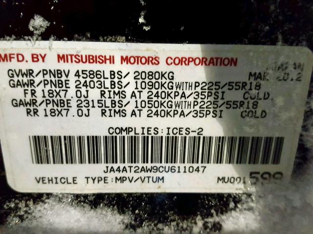 JA4AT2AW9CU611047 - 2012 MITSUBISHI OUTLANDER BLACK photo 10